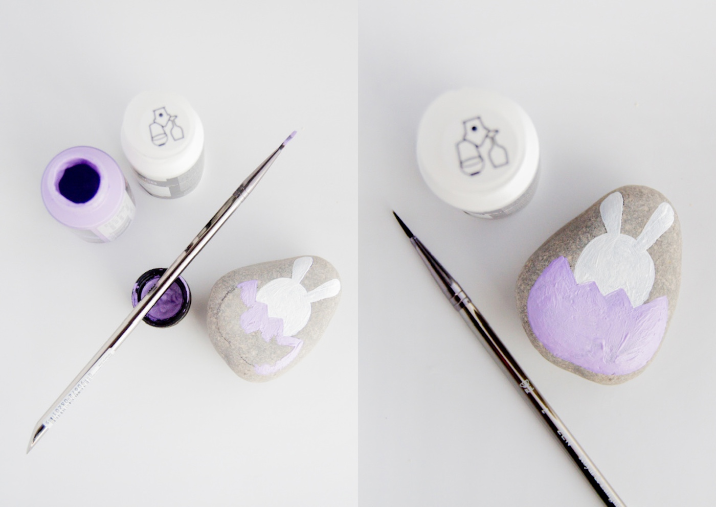 Painting the first layer of purple and white paint onto the rocks